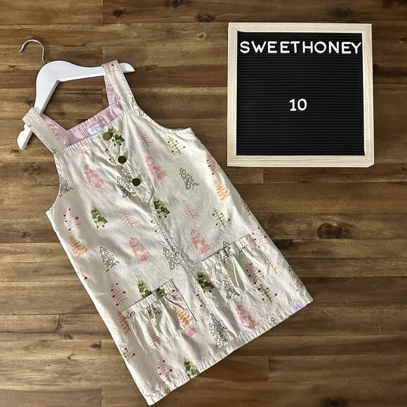 NEW SweetHoney Strappy Jumper Dress Cream Green Pink Christmas Trees Cotton 10 - Picture 1 of 8